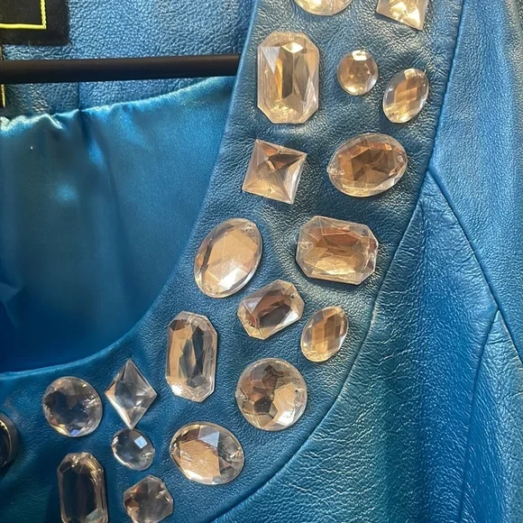 Sharif Studio vintage blue leather coat with rhinestones - plus size, drag - Picture 4 of 6